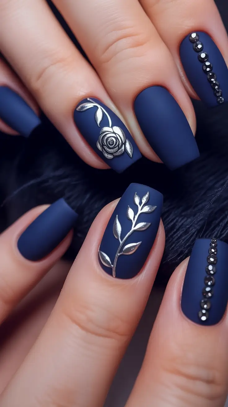 Fall Nail Color Ideas for Women Over 50 Midnight Blue with Silver Florals