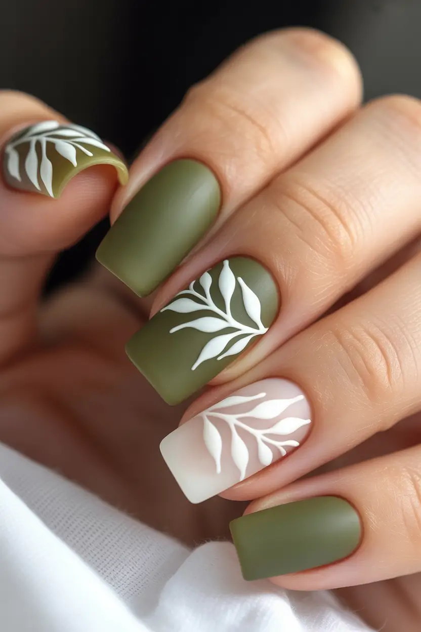 Fall Nail Color Ideas for Women Over 50 Olive Green with White Leaf Details