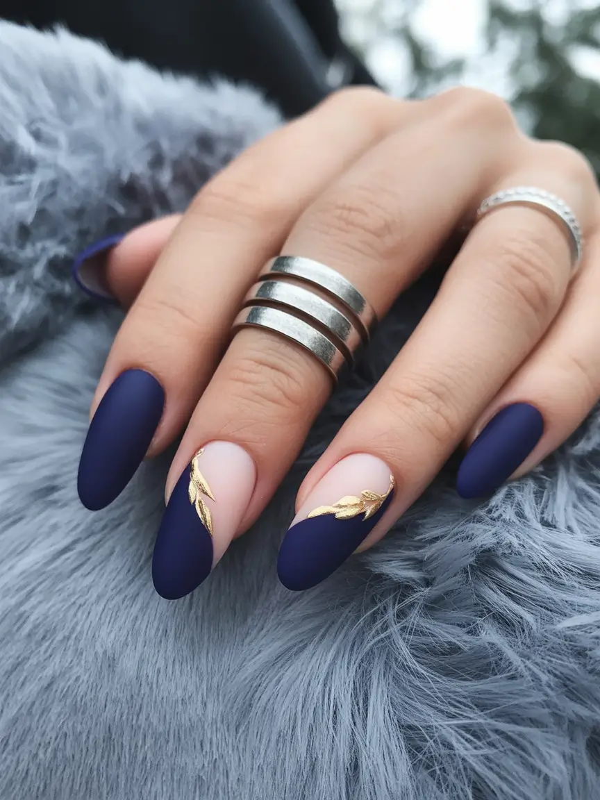 Navy Blue Fall Nail Matte Almond Design 2025