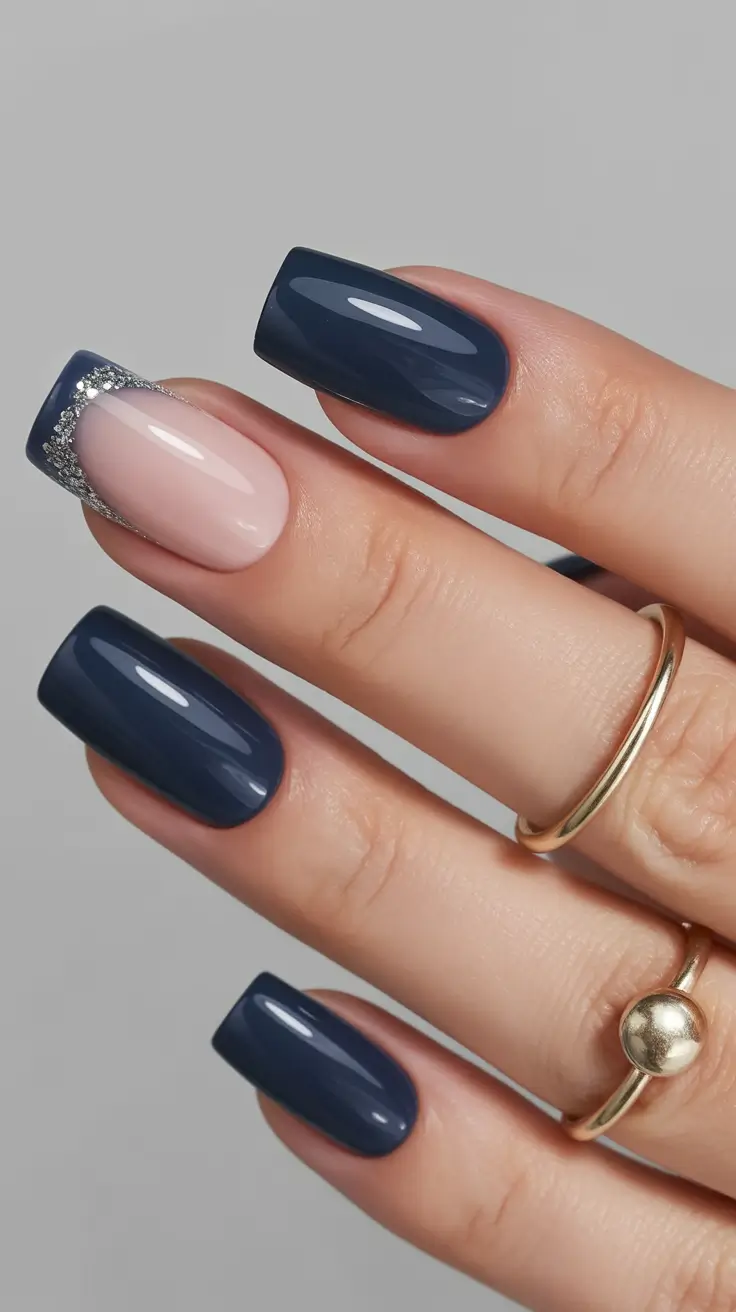 Navy Blue Fall Nail Glossy Short French Designs 2025
