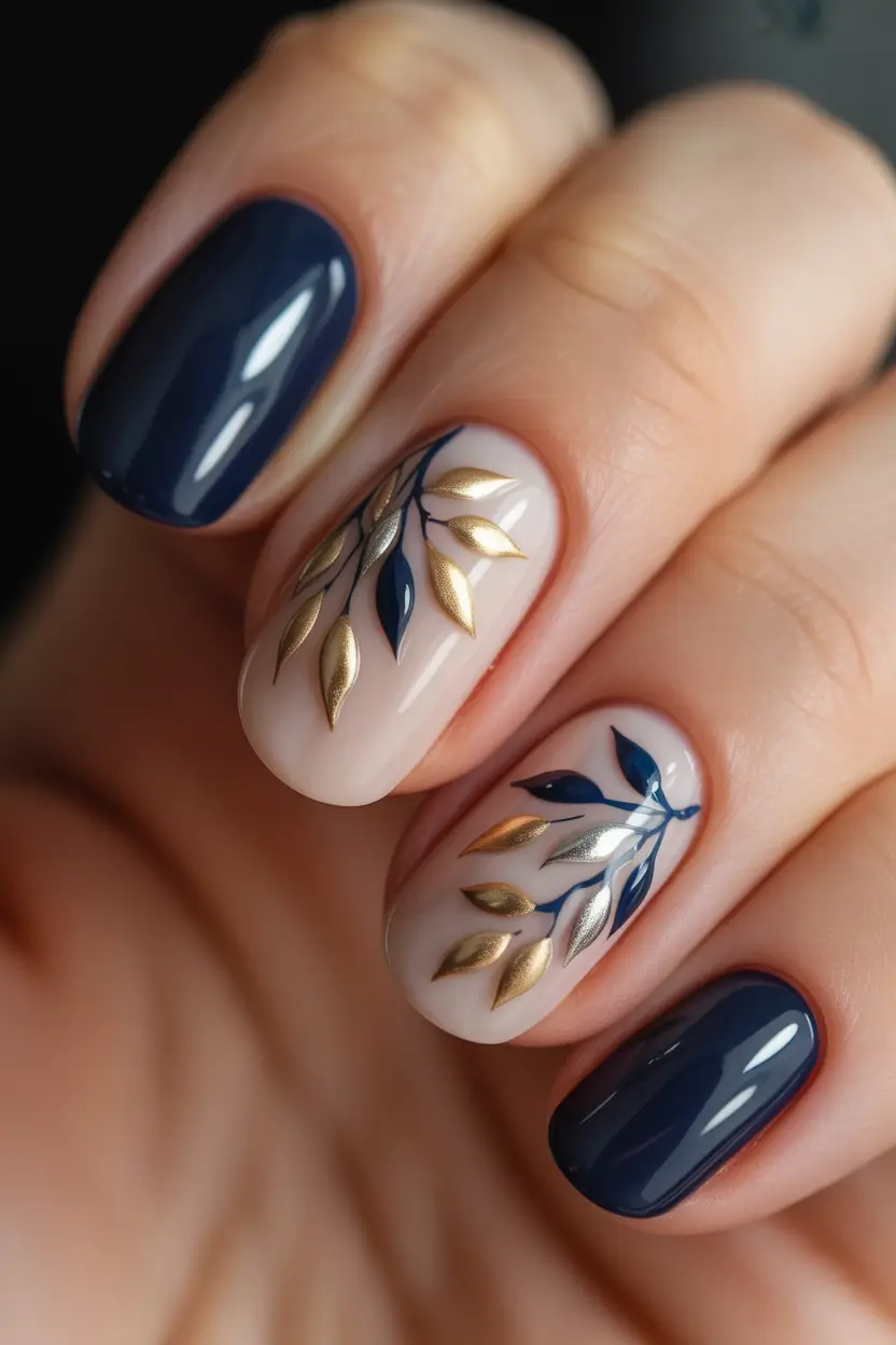 Navy Blue Fall Nail Short Almond Gold Leaf Designs 2025