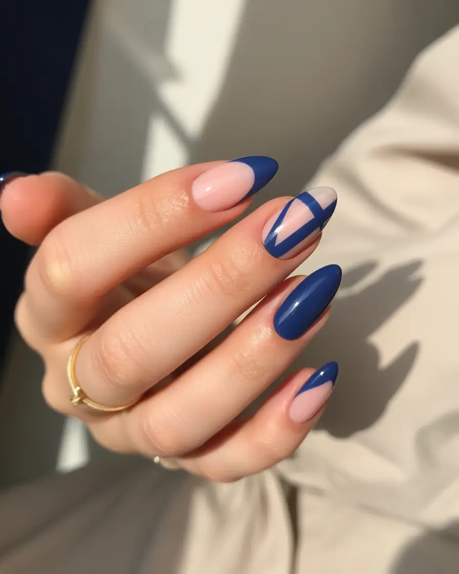 Navy Blue Fall Nail Almond Geometric Designs 2025