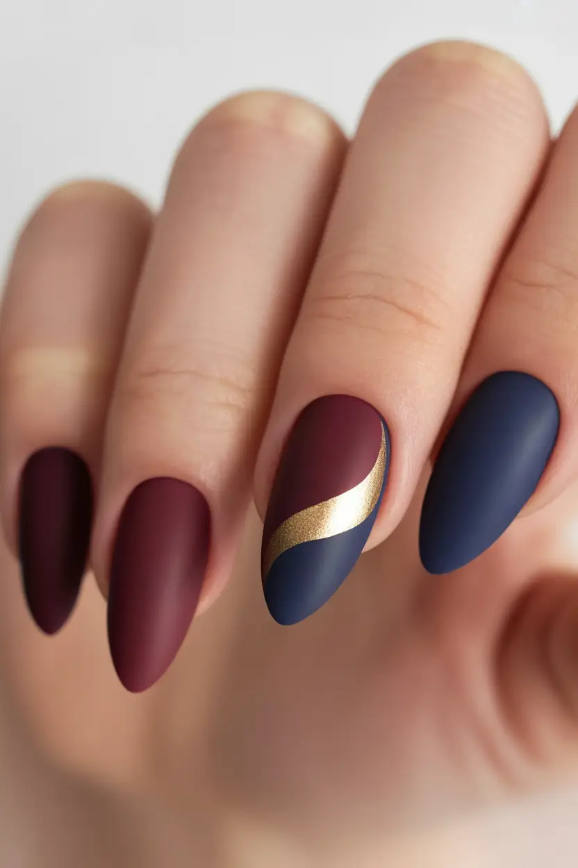 Navy Blue Fall Nail Matte Almond Burgundy Gold Designs 2025