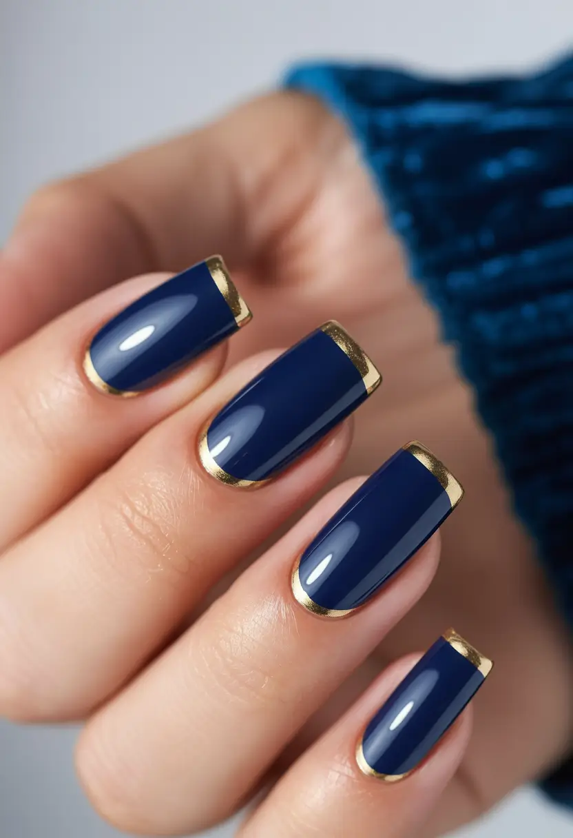 Navy Blue Fall Nail Glossy Gold Tip Designs 2025