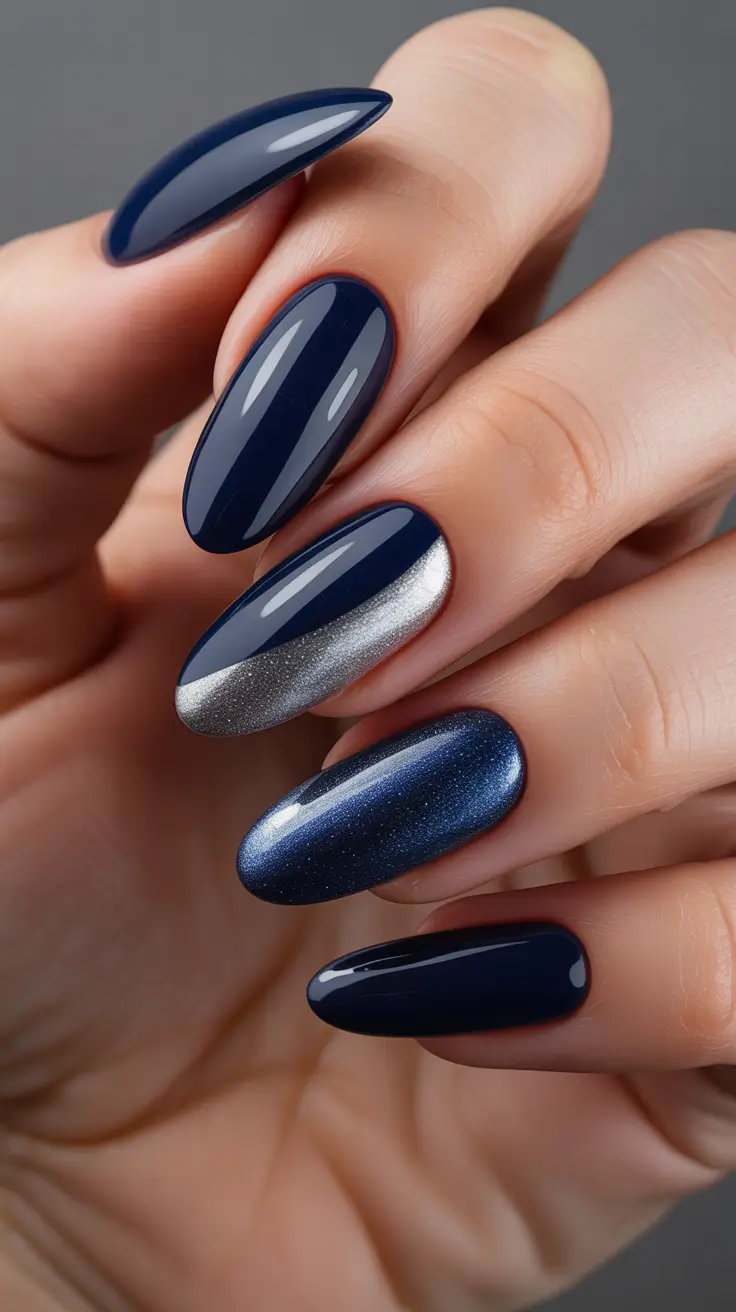 Navy Blue Fall Nail Almond Glossy Silver Designs 2025
