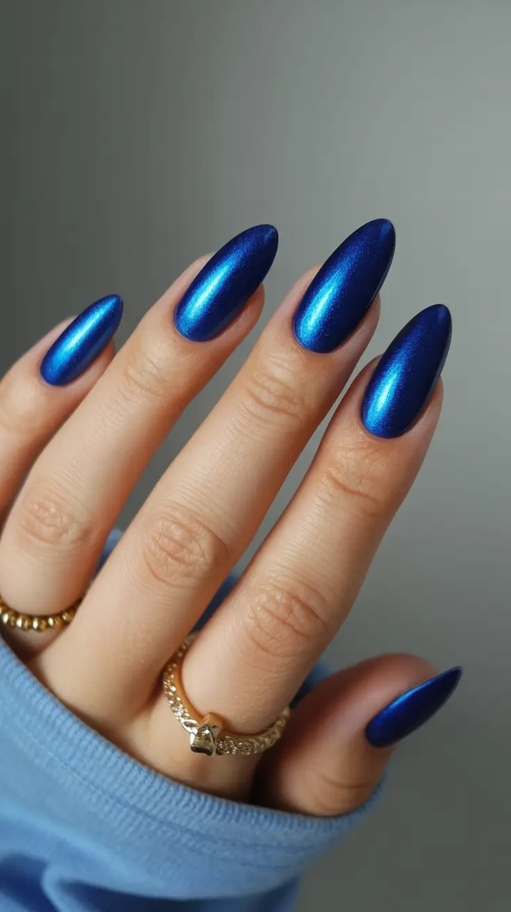 Navy Blue Fall Nail Almond Metallic Bright Designs 2025