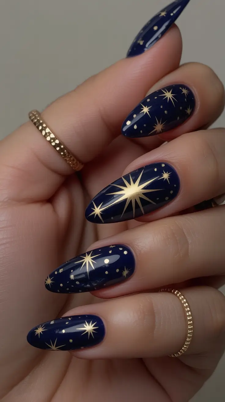 Navy Blue Fall Nail Almond Gold Star Art Designs 2025
