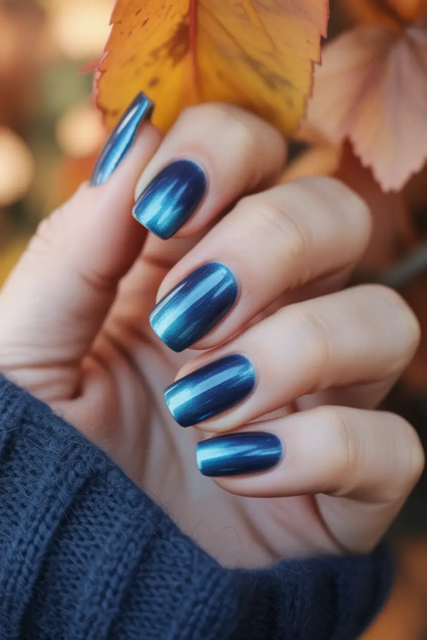 Navy Blue Fall Nail Chrome Short Design 2025