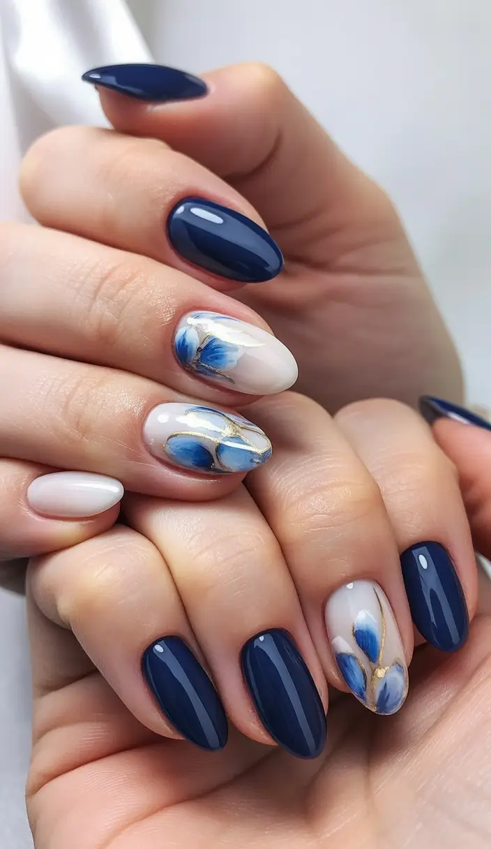 Navy Blue Fall Nail Almond Floral Art Designs 2025