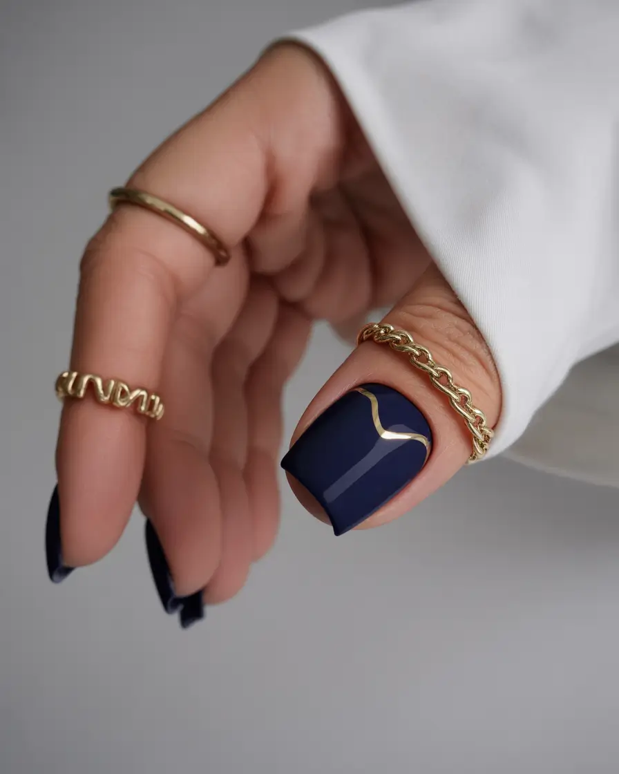 Navy Blue Fall Nail Short Acrylic Gold Designs 2025