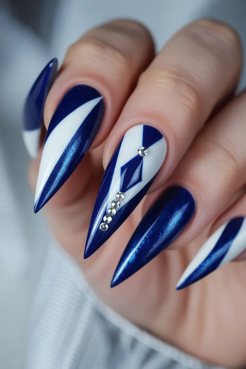 Navy Blue Fall Nail Almond Geometric Acrylic Art Designs 2025