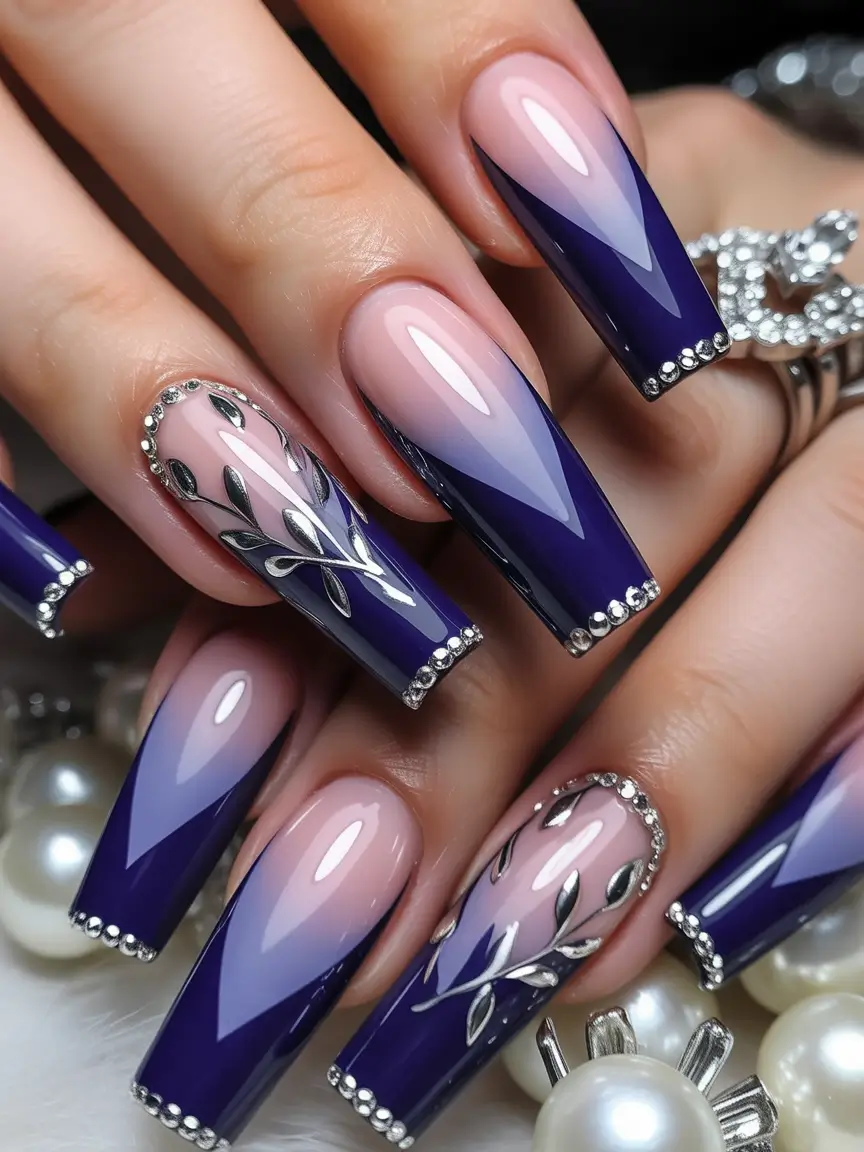 Navy Blue Fall Nail Ombre Acrylic Silver Designs 2025