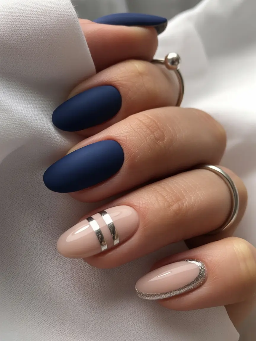 Navy Blue Fall Nail Almond Nude Matte Designs 2025