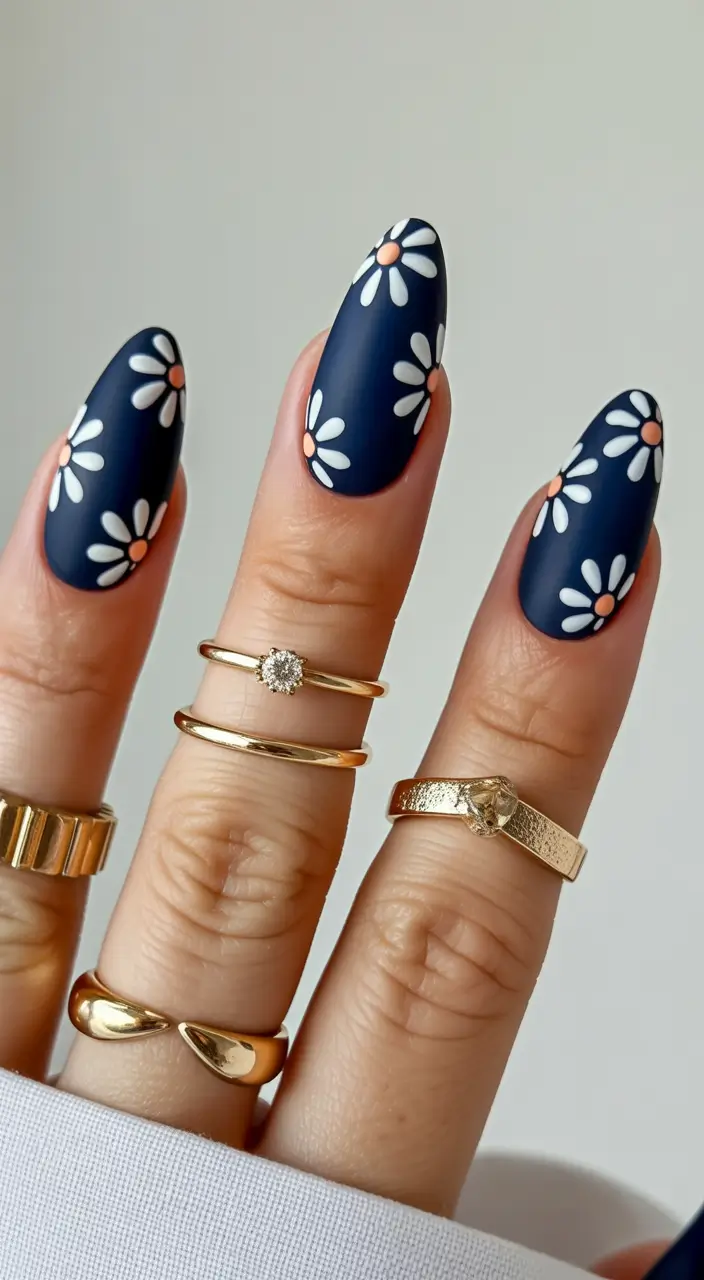 Navy Blue Fall Nail Matte Almond Floral Designs 2025