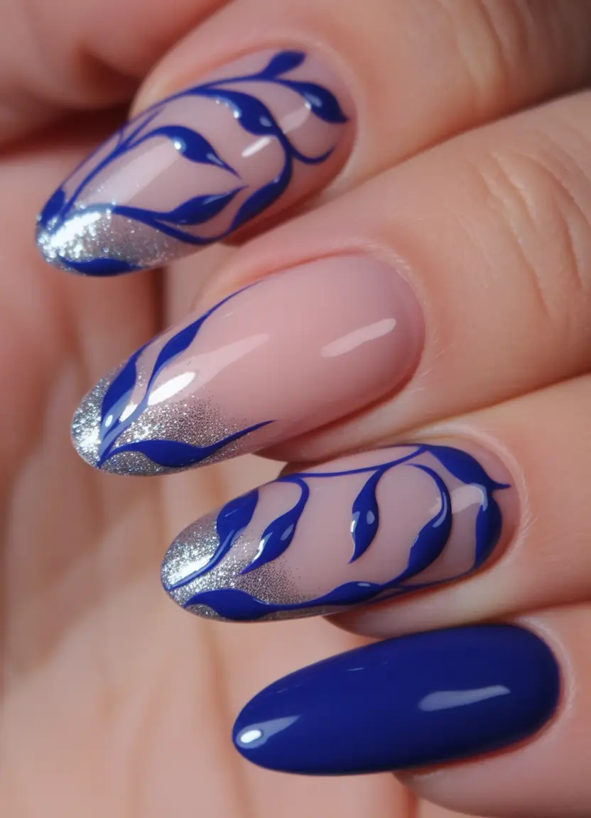 Navy Blue Fall Nail Almond Silver Flame Designs 2025