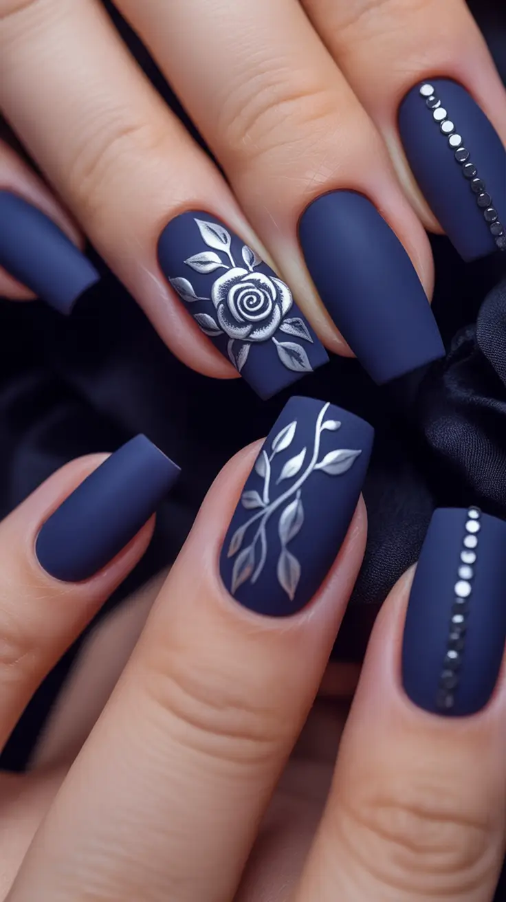 Navy Blue Fall Nail Matte Acrylic Floral Designs 2025