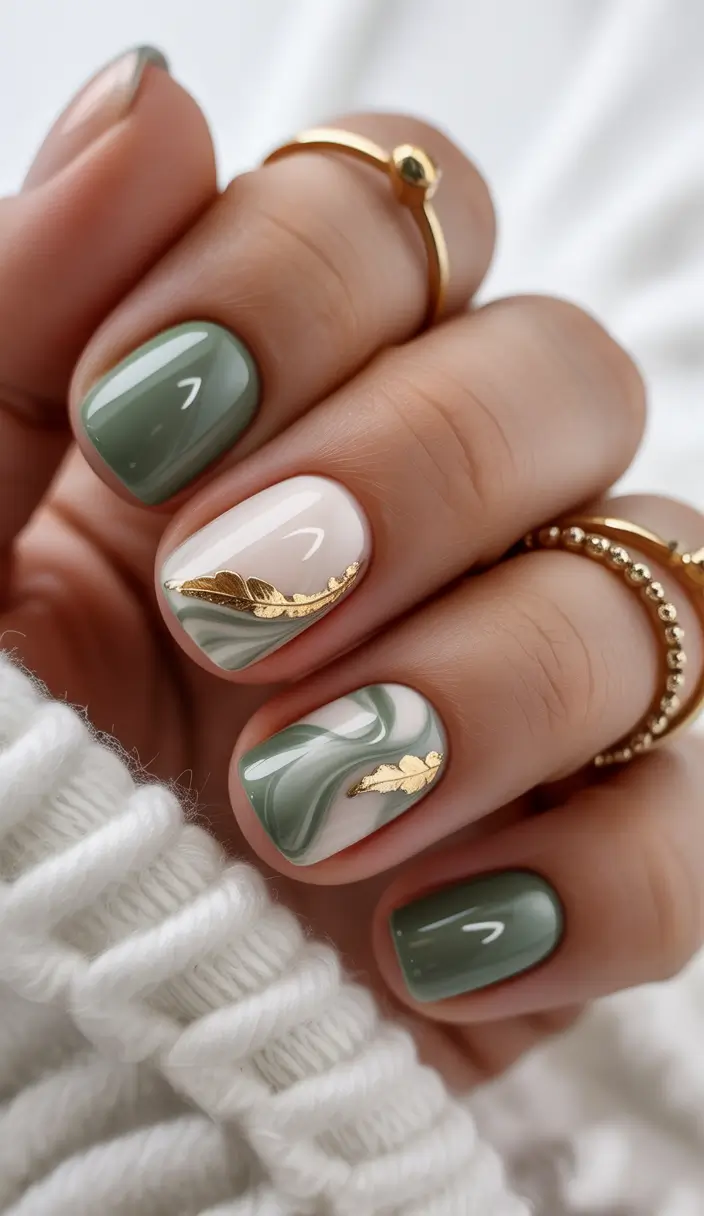 short fall nails Olive Marble With Gold Leaf Accents