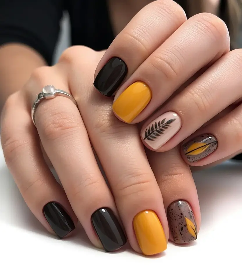 short fall nails Harvest Gold With Earthy Leaf Art