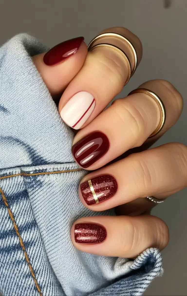 short fall nails Red Wine and Metallic Minimalism