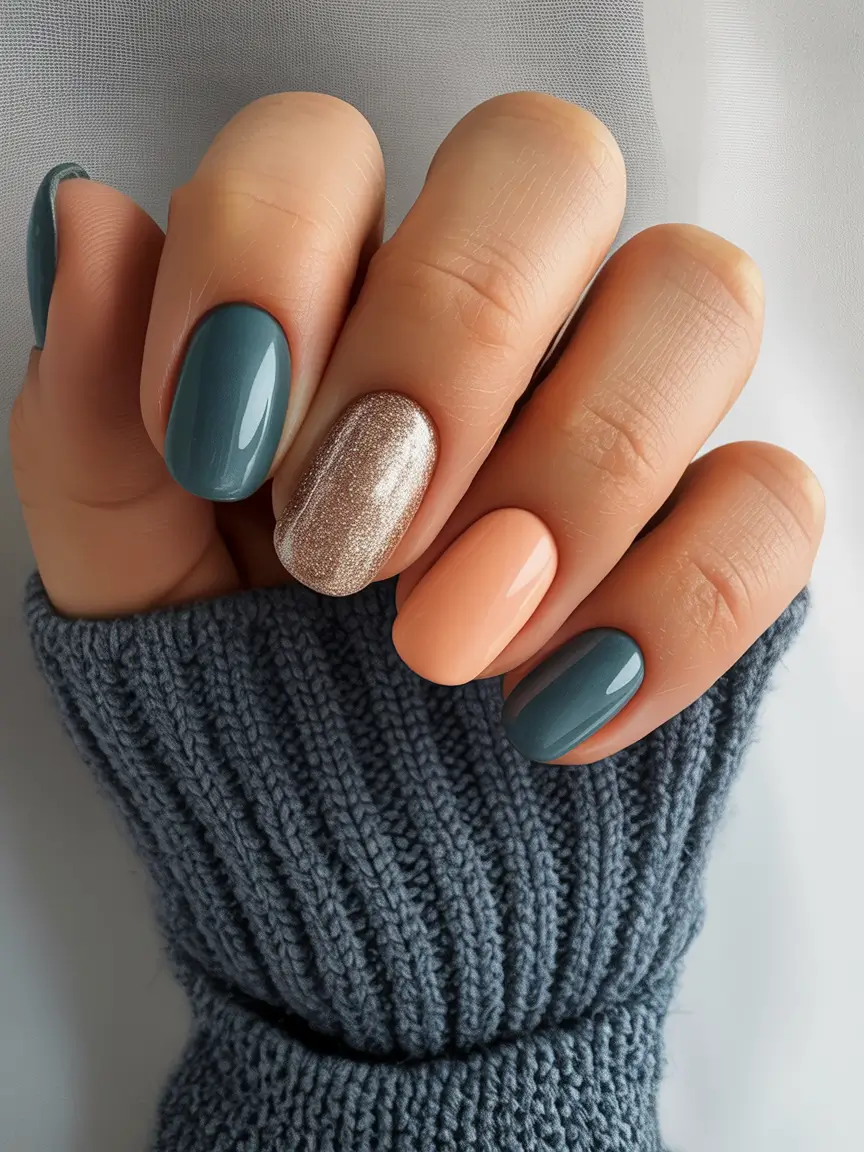 short fall nails Blue Fog With Champagne Glitz