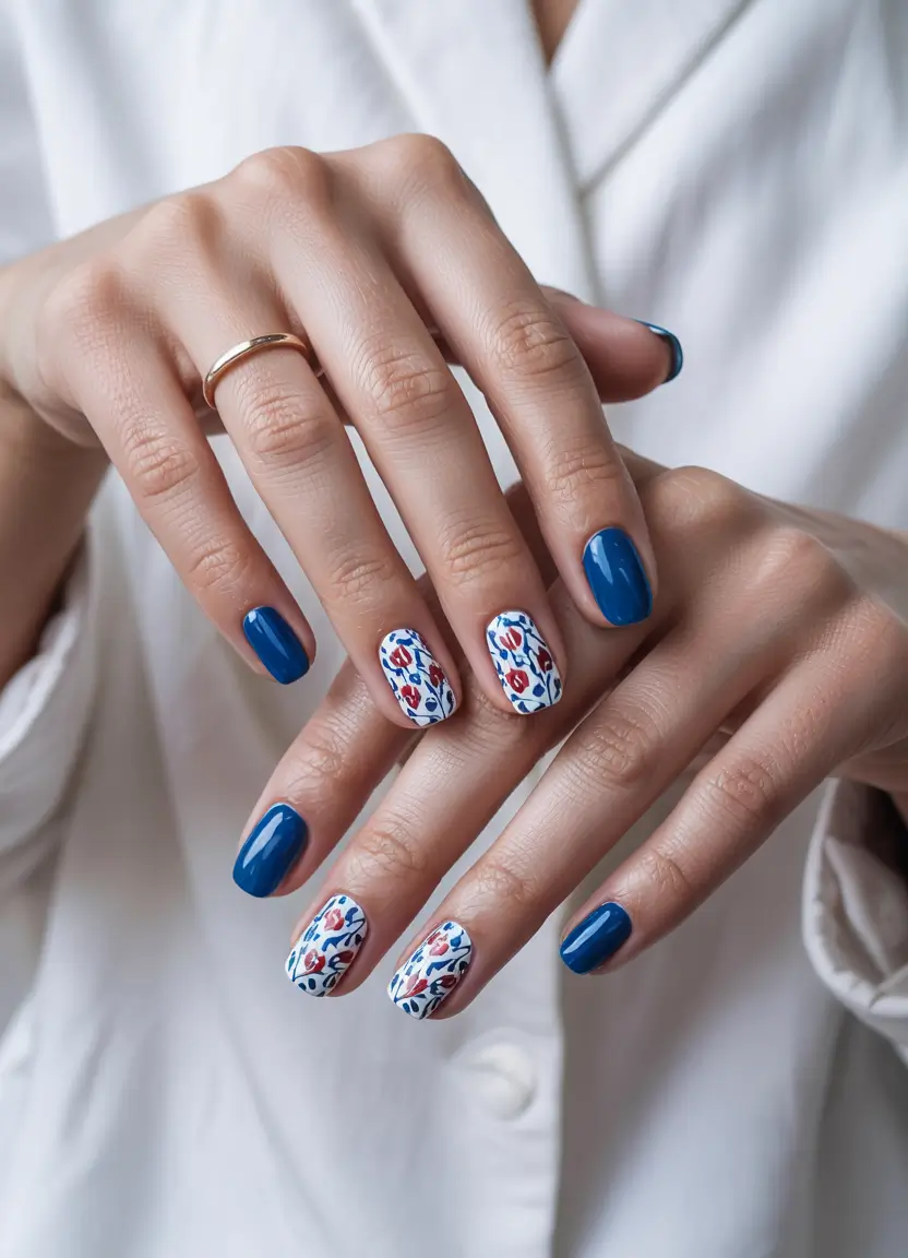 short fall nails Royal Blue Meets Painterly Florals