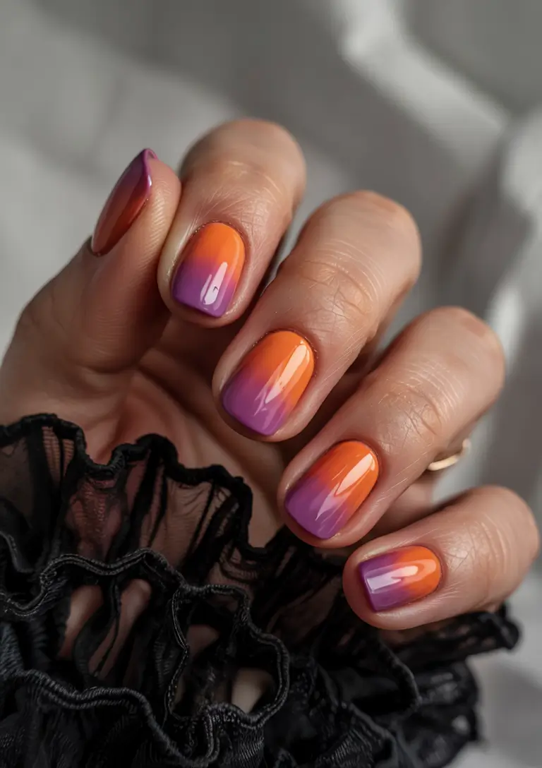 short fall nails Golden Hour Ombre in Orange and Purple