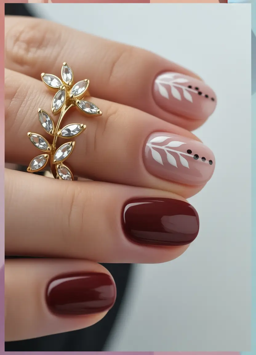 short fall nails Graphic Leaves on Soft Beige and Merlot