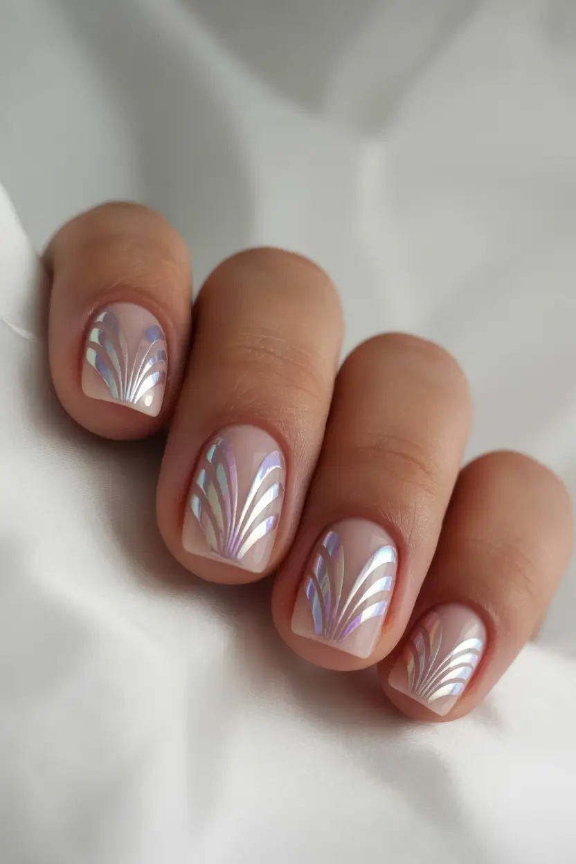short fall nails Iridescent Shell Fan on a Nude Base