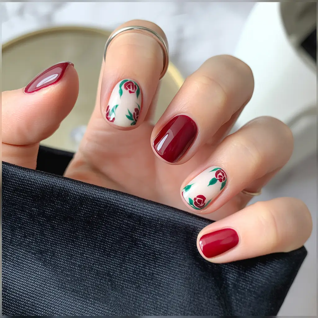 short fall nails Classic Red with Miniature Rose Art