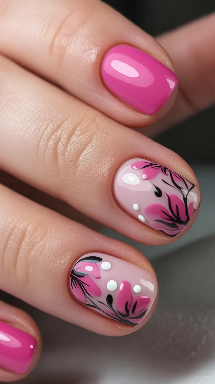 short fall nails Hot Pink Petals with Graphic Accents