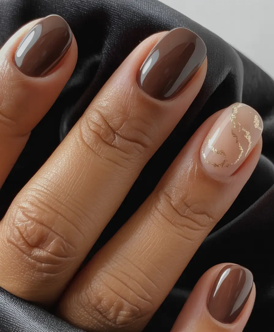 short fall nails Espresso Gloss With Nude + Gold Veining