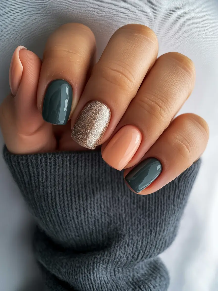 designs short nails Glossy Olive, Peach & Glitter Shorties