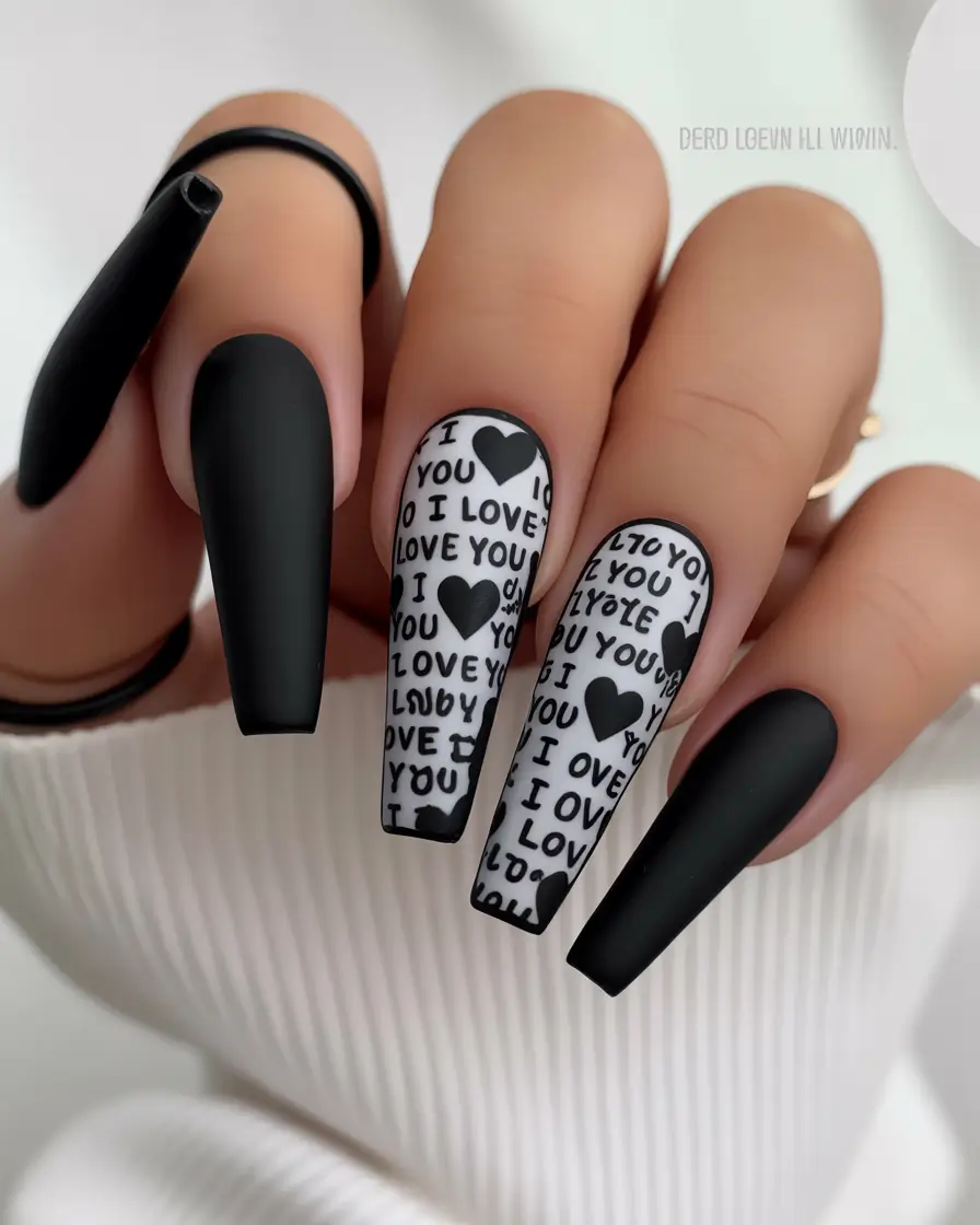 Black fall nails Words of Love on Black