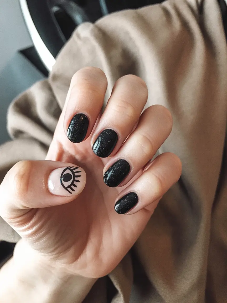 Black fall nails Cosmic Black with an Eye Detail