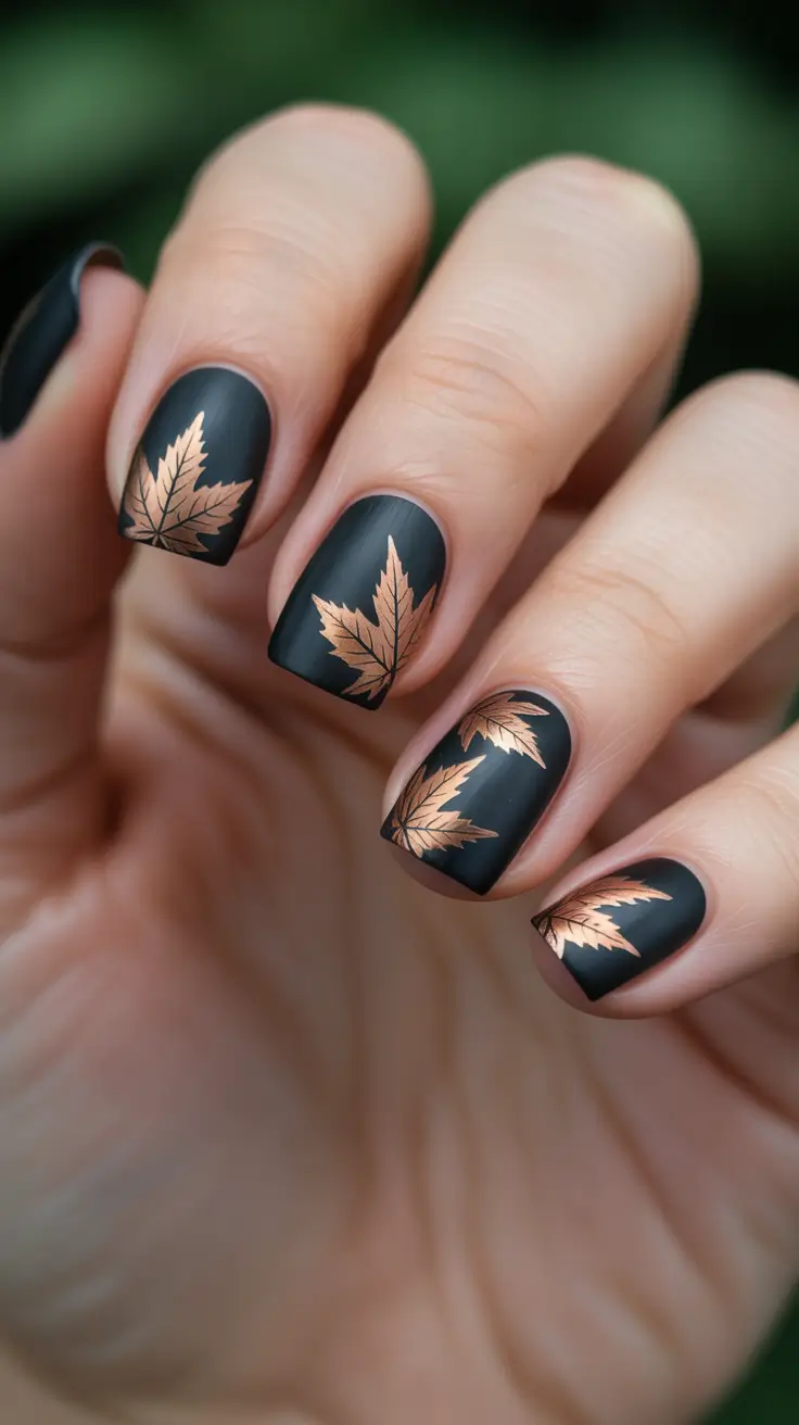 Black fall nails Golden Maple Leaves on Black