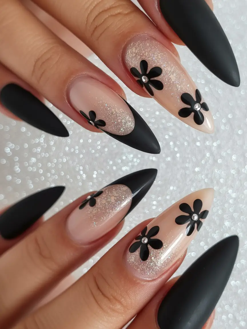 Black fall nails Glittered Black Florals
