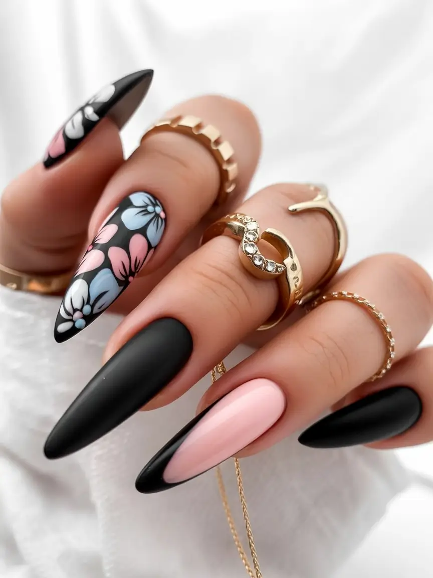 Black fall nails Chic Pastel Florals on Black