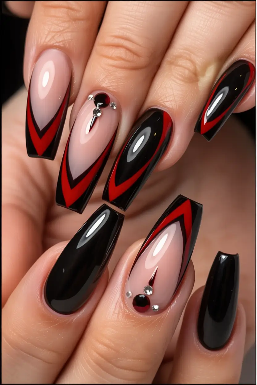 Black fall nails V-Shaped Drama in Red and Black