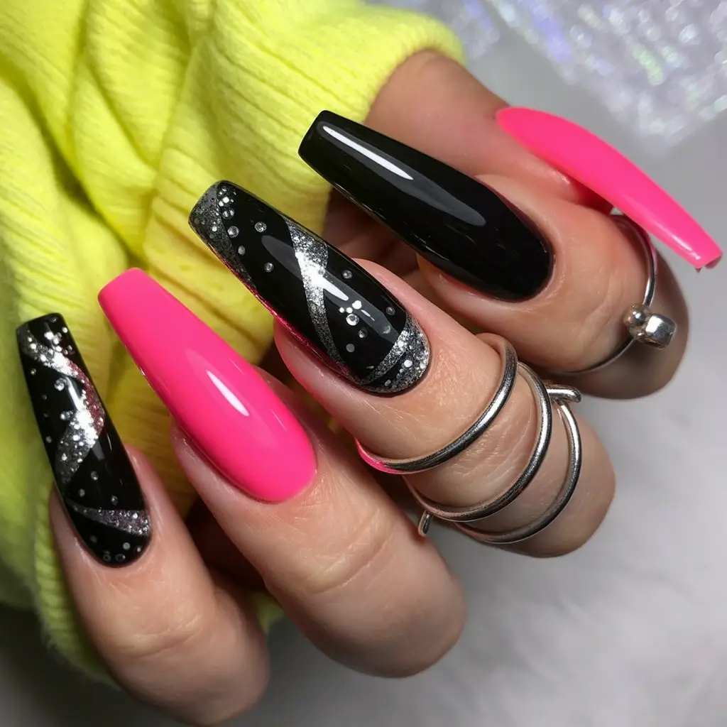Black fall nails Neon Pink Meets Glitter and Black