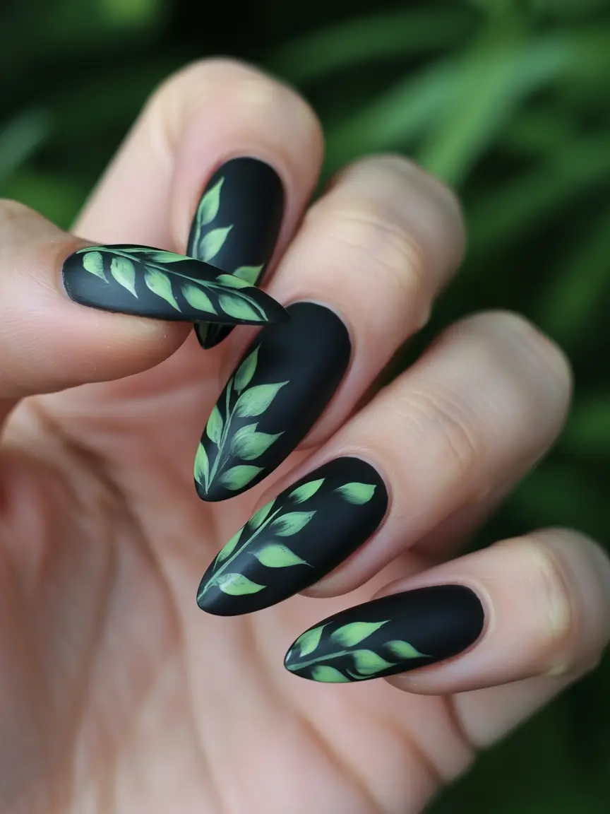 Black fall nails Green Leaves on Matte Black