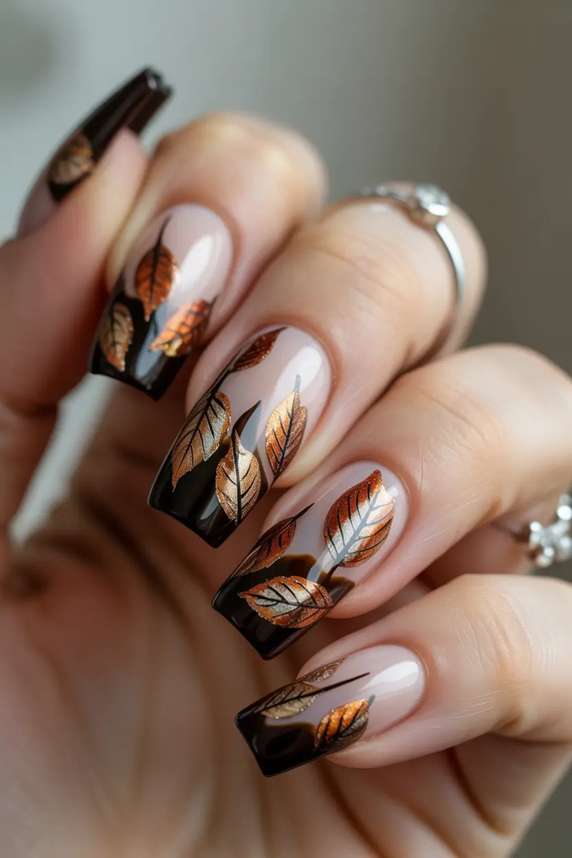 Black fall nails Autumn Leaves with Glossy Black Tips