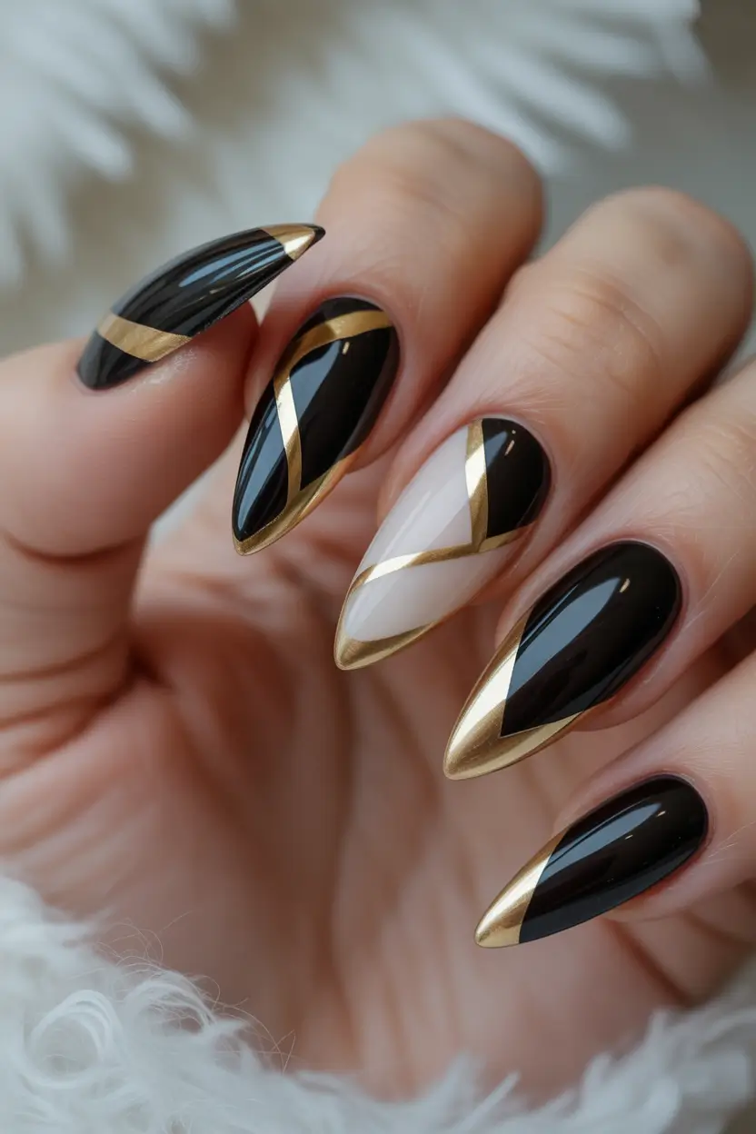 Black fall nails Golden Geometry Luxe