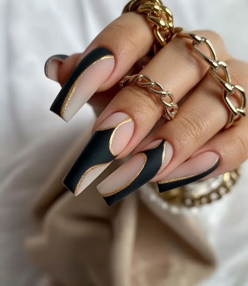 Black fall nails Golden Waves on Matte Black