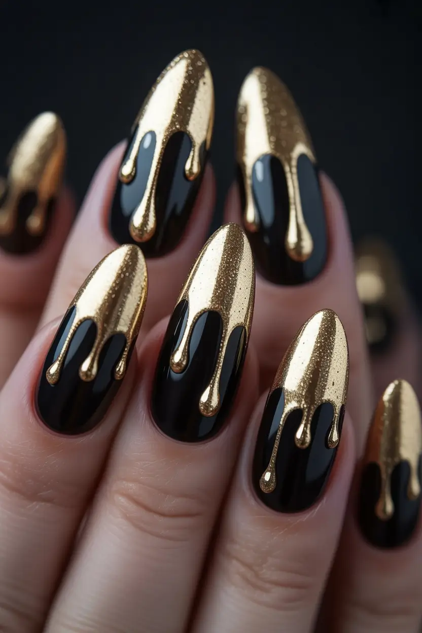 Black fall nails Molten Gold Drip Effect