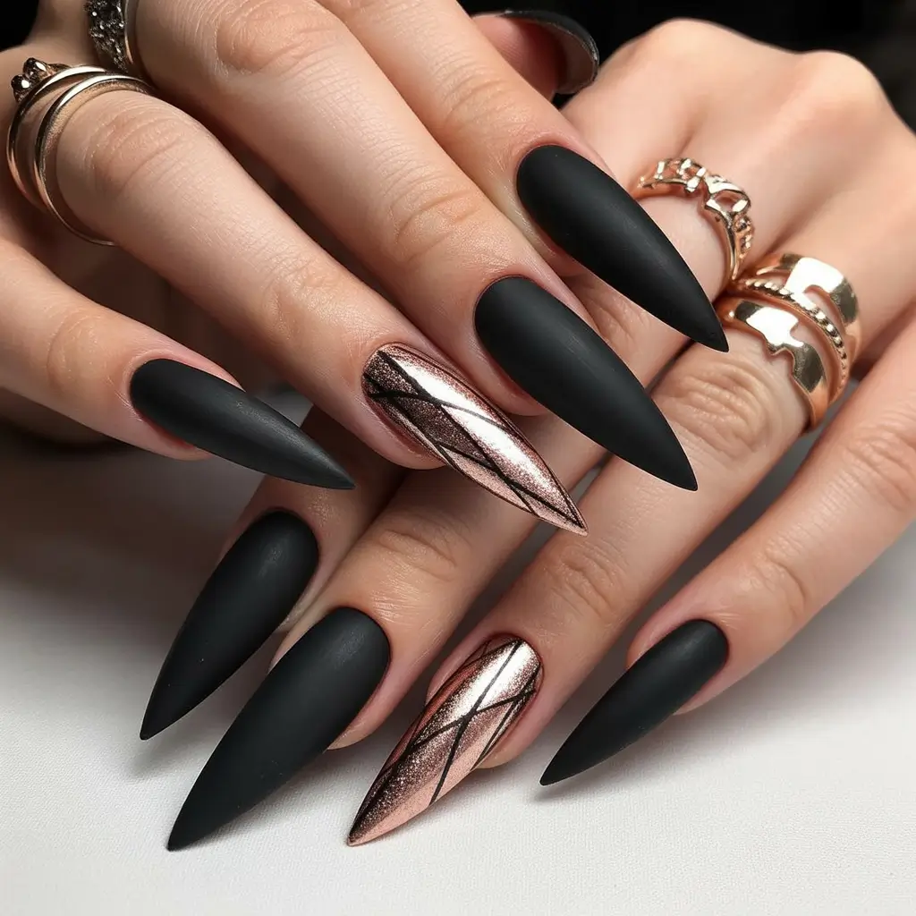Black fall nails Sharp Elegance with Metallic Accents