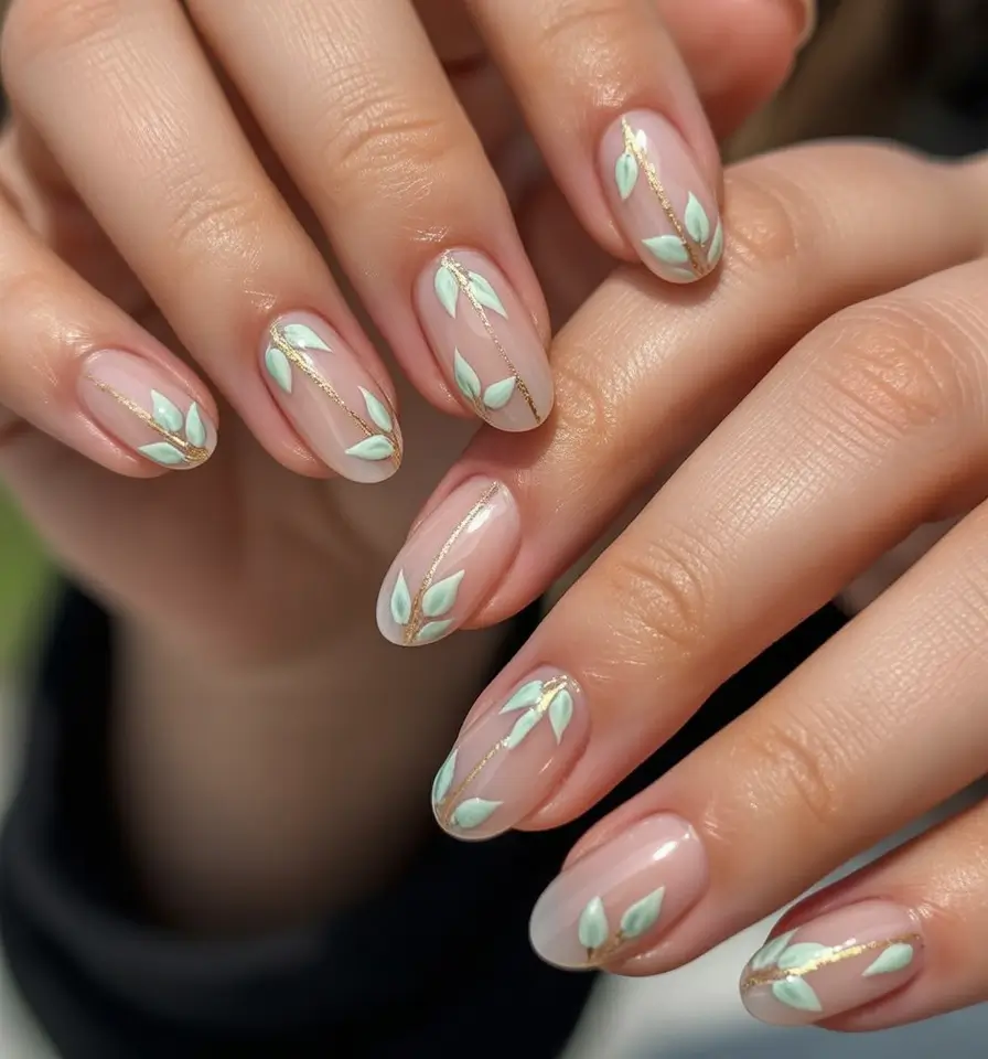 fall nails oval shape Soft Mint Leaf Accents with Gold Detailing