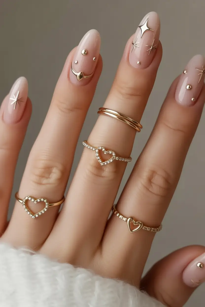 fall nails oval shape Celestial Nude with Gold Accents