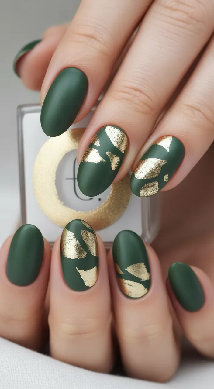 fall nails oval shape Matte Dark Green with Gold Foil
