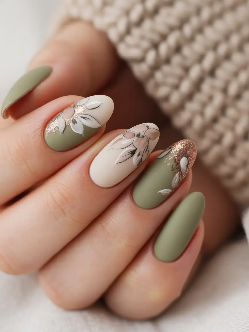 fall nails oval shape Olive and Cream Botanical Mix