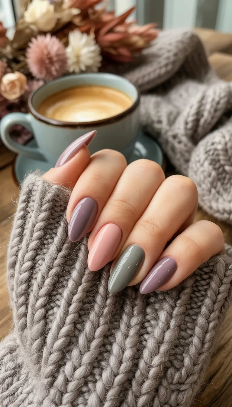 fall nails oval shape Muted Mauve, Pink, and Grey Trio